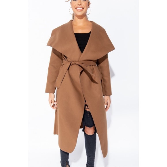 Brown Belted Duster Coat | Oversized Waterfall Collar Jacket - Picture 2 of 6